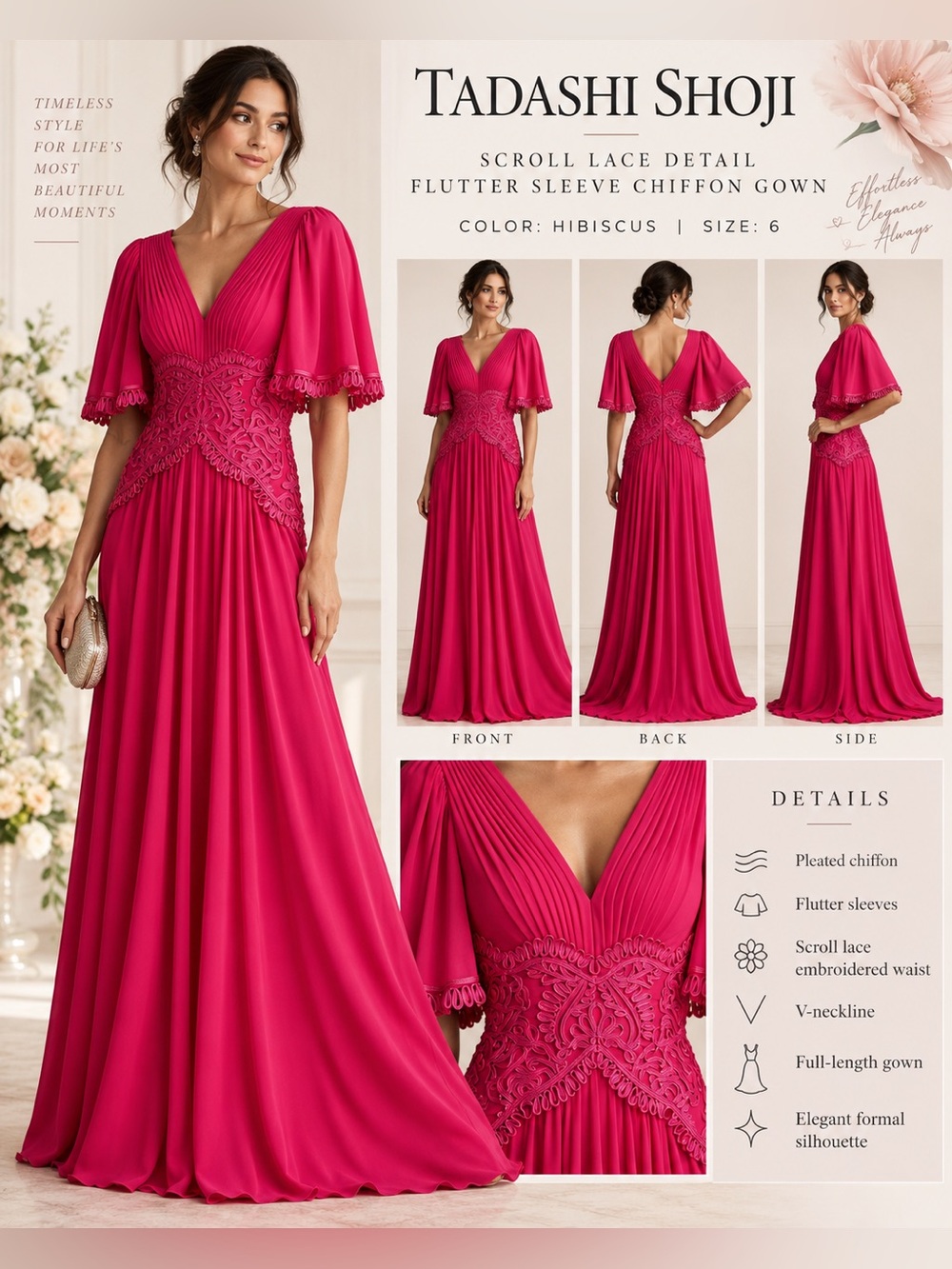 Tadashi Shoji Scroll Lace Detail Flutter Sleeve Chiffon Gown Hibiscus Pink Size